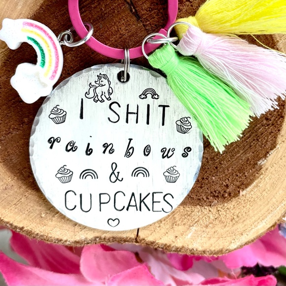 ADULT HUMOR - I Sh*t rainbows and cupcake. - Hand Stamped Keychain - Funny Gifts - Picture 4 of 5